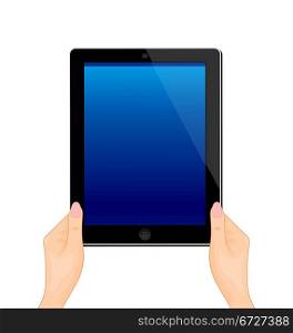 Illustration of the turned on computer tablet in a hand of the woman isolated on a white background - vector