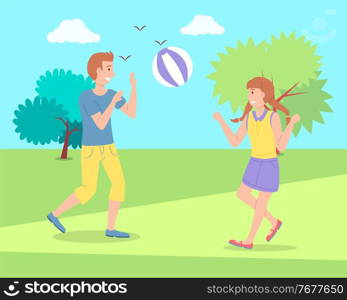 Illustration of the two children playing toy ball at the playground. The best summer child s outdoor activities. Active family weekend children s games. Kids volleyball on the grass, team ball game. Children boy and girl playing toy ball at the playgraund. The best summer child s outdoor activities