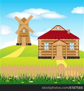 Illustration of the wind mill on green hill. Wind mill on hill