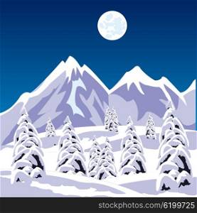 Illustration of the winter landscape amongst snow mountains. Winter landscape