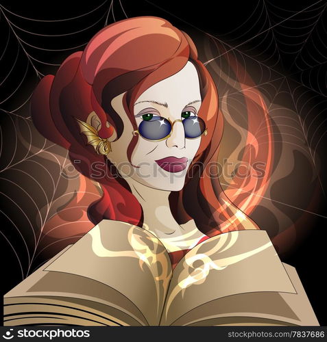 Illustration of the witch with open book of spells and inflaming magic fire against spider webs drawn in cartoon style