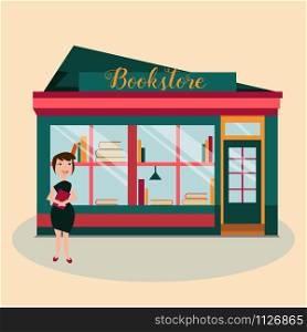 Illustration of the woman in front of the book shop with books. Illustration of the woman in front of the bookstore with books
