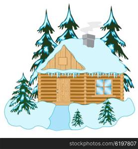 Illustration of the wooden building in wood in winter. Wooden house in wood