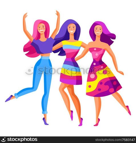 Illustration of three dancing girls. Beautiful young women in trendy style.. Illustration of three dancing girls.