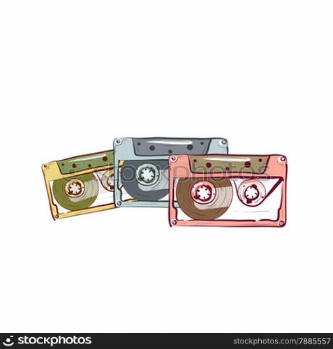Illustration of three vintage audio cassette isolated on white background