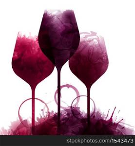 Illustration of three wine glasses with red wine stains, vector. Splashes of wine, liquid, drops, circles of glass. Template for wine designs. Event poster, party, presentation, promotion, menu, book cover.