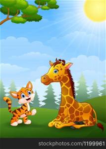 illustration of Tiger and Giraffe cartoon in the jungle