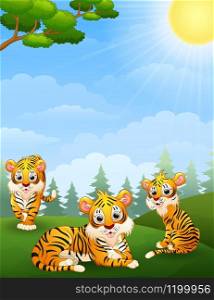 illustration of Tiger cub cartoon in the jungle