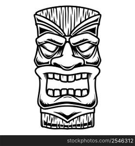 Illustration of Tiki tribal wooden mask. Design element for logo, emblem, sign, poster, card, banner. Vector illustration