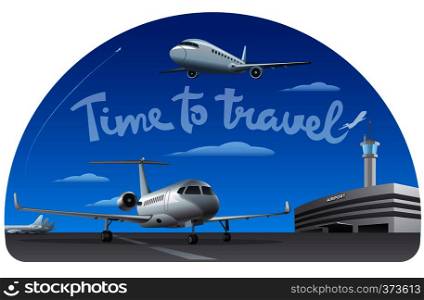illustration of time to travel lettering with passenger airplanes. time to travel
