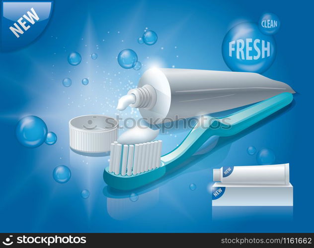 illustration of toothpaste tube and toothbrush advertising. toothpaste and toothbrush