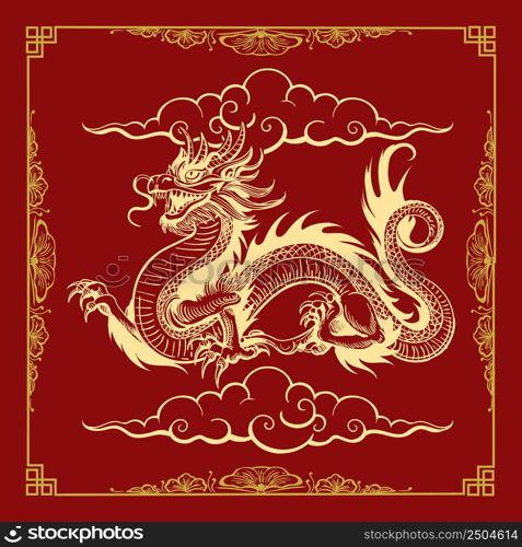 Illustration of Traditional Chinese Golden Dragon isolated on Red Background. Vector illustration.