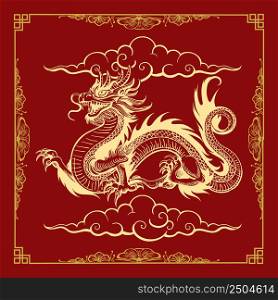 Illustration of Traditional Chinese Golden Dragon isolated on Red Background. Vector illustration.