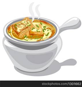 illustration of traditional french onion soup with croutons. french onion soup