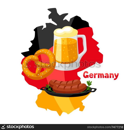 Illustration of traditional German food on map of Germany.. Illustration of German food on map of Germany.