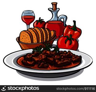 illustration of traditional goulash meat dish in plate with vegetables and wine. goulash with vegetables