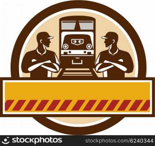 Illustration of train engineers with arms crossed looking at each other with diesel train on rail tracks in the background set inside circle done in retro style. . Train Engineers Arms Crossed Diesel Train Circle Retro