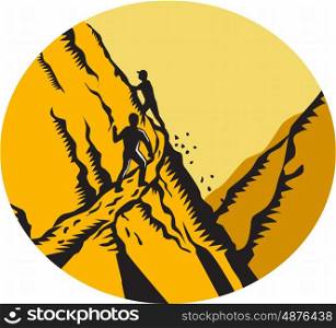 Illustration of trampers climbing a very steep path, narrow, sharp drop off in the mountains cliff set inside oval shape done in retro woodcut style.