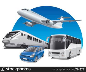 illustration of transport for travel, car, train, bus and airplane. transport for travel