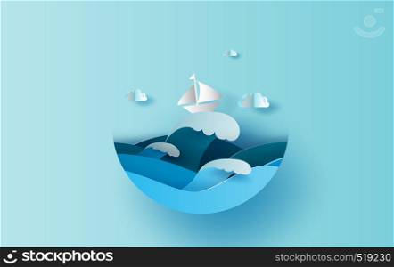 Illustration of travel in holiday summer season circle concept.Graphic design digital paper cut style.Vacation summertime idea pastel color background,Sea wave view with boat landscape relax.Vector