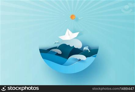 Illustration of travel in holiday summer season sunlight circle concept. Paper cut style.Vacation summertime idea pastel background,Sea wave view with paper boat landscape. Dolphins jumping joyfully