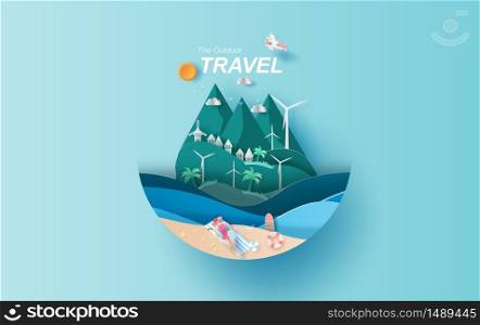 illustration of travel in holiday vacation summer season circle concept,Creative Summertime lady woman sunbathing on beach. Outdoor Travel idea paper craft and cut style,sea view landscape Island