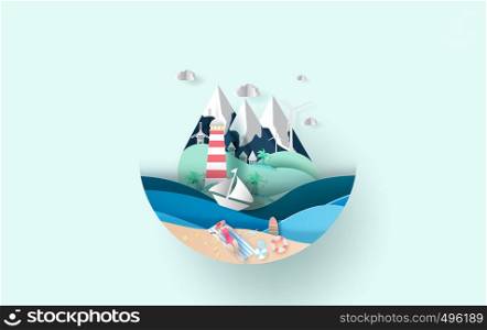 illustration of travel in holiday vacation summer season circle concept,Creative Summertime lady woman sunbathing on beach idea paper craft and cut style,sea view landscape Island relaxation. vector.