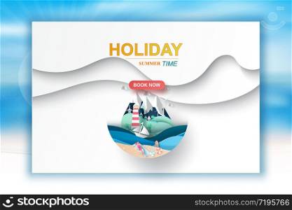 illustration of travel in holiday vacation summer season circle concept,Poster Summertime lady woman sunbathing on beach idea paper craft and cut style,Banner sea view landscape Island relaxation.