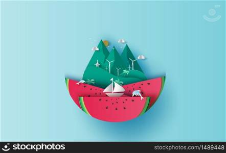 illustration of travel in holiday vacation summer season circle idea. Sea wave with watermelon concept. boat in ocean landscape. Paper craft and cut style sea view Island. Dolphins jumping joyfully.
