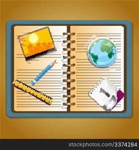 illustration of travel planning with stationery on notebook