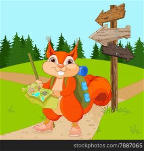 Illustration of traveler squirrel follows the signpost route
