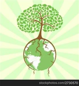 illustration of tree holding globe with its roots on sunburst background