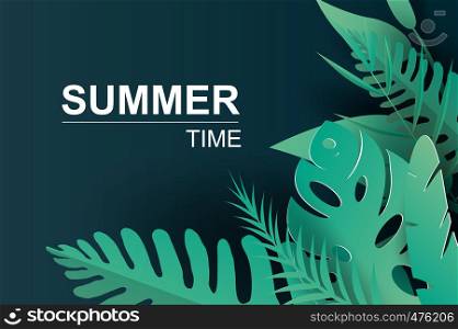 illustration of trends Summer Tropical palm leaves and plants.Digital Paper cut and craft Origami Hawaiian style summertime space for text. Graphic dark green summer season floral background.vector