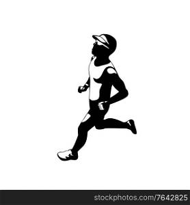 Illustration of triathlete marathon runner running facing side view with buildings in background set inside circle on isolated done in retro style.. Triathlete Marathon Runner Running Side View Retro Stencil Black and White
