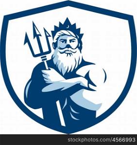 Illustration of triton mythological god arms crossed holding trident viewed from front set inside shield crest on isolated background done in retro style. . Triton Trident Arms Crossed Crest Retro
