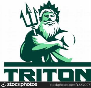 Illustration of triton mythological god arms crossed holding trident viewed from front set on isolated white background with the word text Triton done in retro style. . Triton Arms Crossed Trident Front Retro
