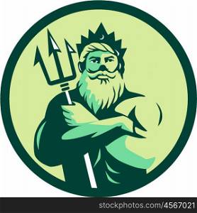 Illustration of triton mythological god arms crossed holding trident viewed from front set inside circle on isolated background done in retro style. . Triton Arms Crossed Trident Circle Retro