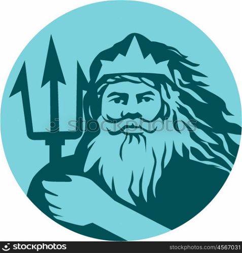 Illustration of triton mythological god holding trident viewed from front set inside circle on isolated background done in retro style. . Triton Trident Front Circle Retro