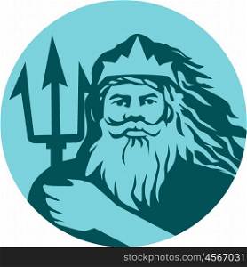Illustration of triton mythological god holding trident viewed from front set inside circle on isolated background done in retro style. . Triton Trident Front Circle Retro