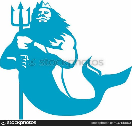 Illustration of triton mythological god wielding trident viewed from front set on isolated white background done in retro style. . Triton Wielding Trident Retro