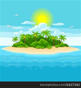 Illustration of tropical island in ocean. Landscape with ocean and palm trees. Travel background. Illustration of tropical island in ocean. Landscape with ocean and palm trees. Travel background.