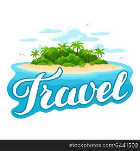Illustration of tropical island in ocean. Landscape with ocean and palm trees. Travel background. Illustration of tropical island in ocean. Landscape with ocean, palm trees and yacht. Travel background.