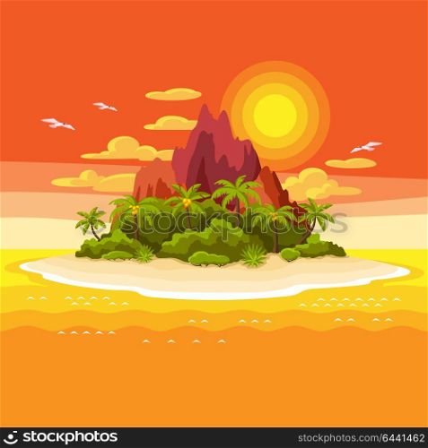 Illustration of tropical island in ocean. Landscape with ocean, palm trees and rocks. Travel background. Illustration of tropical island in ocean. Landscape with ocean, palm trees and rocks. Travel background.