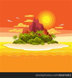 Illustration of tropical island in ocean. Landscape with ocean, palm trees and rocks. Travel background. Illustration of tropical island in ocean. Landscape with ocean, palm trees and rocks. Travel background.