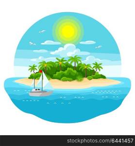Illustration of tropical island in ocean. Landscape with ocean, palm trees and yacht. Travel background. Illustration of tropical island in ocean. Landscape with ocean, palm trees and yacht. Travel background.