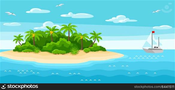Illustration of tropical island in ocean. Landscape with ocean, palm trees and yacht. Travel background. Illustration of tropical island in ocean. Landscape with ocean, palm trees and yacht. Travel background.