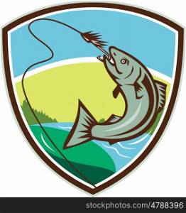 Illustration of trout biting hook lure viewed from the side set inside shield crest with river, trees and sun in the background done in retro style.