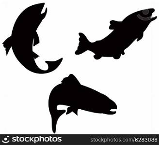 Illustration of trout fish swimming silhouette done in retro style