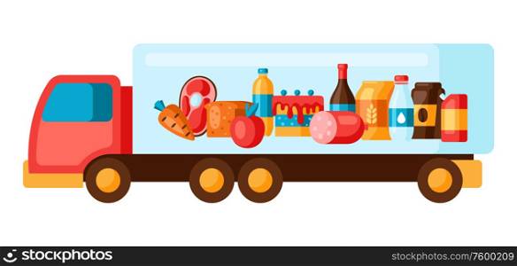 Illustration of truck with food. Delivery to grocery supermarket.. Illustration of truck with food.