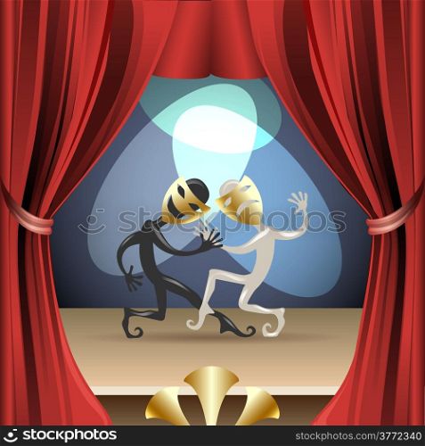Illustration of two actors in classic masks on theatre stage during performance drawn in cartoon style